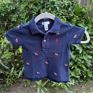 Ralph Lauren Shirt Boys 9 Months Navy Blue Embroidered USA Flag Allover‎ Print